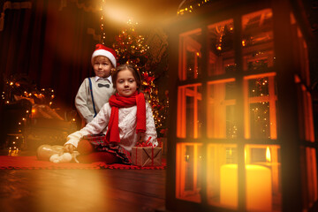 Wall Mural - brother and sister celebration of xmas