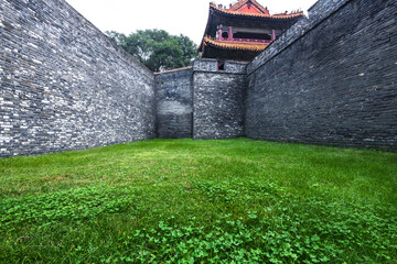 The green brick wall and the grassland constitute the building space.