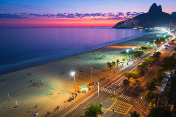 Fototapete - High Angle View of Ipanema Beach at Night Just After Sunset in Rio de Janeiro, Brazil