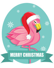 Cute Sleepy Flamingo With Santa Hat. Greeting Christmas Card.