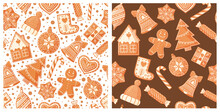 Christmas Seamless Patterns With Gingerbread Cookies. Design For Christmas And New Year Decoration, Wrapping Paper, Print, Fabric Or Textile. Vector Illustration.