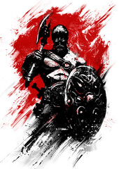 Wall Mural - A sinister, muscular Norse warrior with a torus and shield stands proudly erect against the bloody sun. 2D illustration