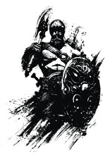A Sinister, Muscular Scandinavian Warrior With An Axe And Shield Stands Proudly With His Back Straight. 2D Illustration