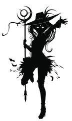 The silhouette of a cute but sinister sorcerer girl with a crescent-shaped staff, drawn in anma style. 2D illustration