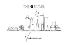 One Single Line Drawing Vancouver City Skyline, Canada. World Historical Town Landscape Home Decor Poster Print. Best Place Holiday Destination. Trendy Continuous Line Draw Design Vector Illustration