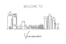 Single Continuous Line Drawing City Vancouver Skyline, Canada. Famous City Scraper Landscape Postcard. World Travel Destination Concept. Editable Stroke Modern One Line Draw Design Vector Illustration