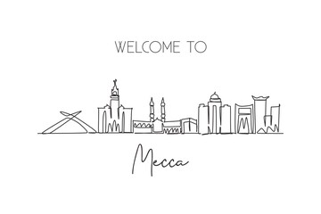 Canvas Print - One continuous line drawing Mecca city skyline, Saudi Arabia. Beautiful landmark postcard print art. World landscape tourism travel vacation. Stylish stroke single line draw design vector illustration