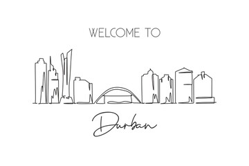 One single line drawing of Durban city skyline, South Africa. World historical town landscape wall decor poster print. Best holiday destination. Trendy continuous line draw design vector illustration