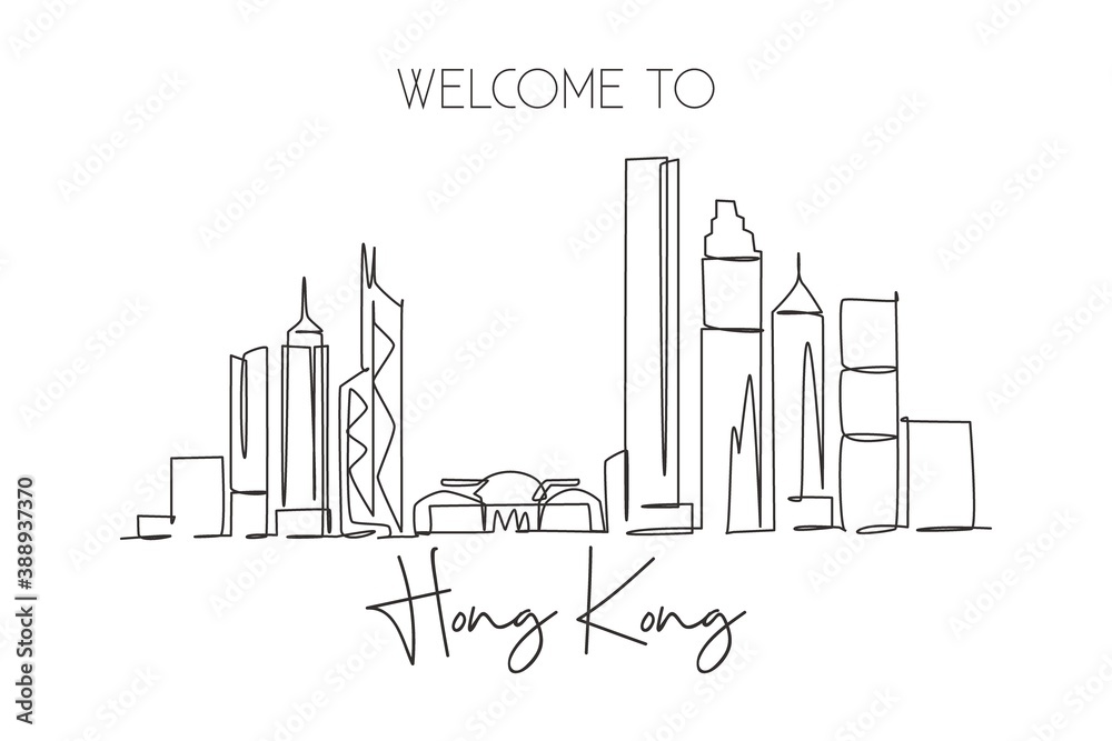 One single line drawing of Hong Kong city skyline, China. Historical town landscape home wall decor art poster print. Best holiday destination. Trendy continuous line draw design vector illustration - obrazy, fototapety, plakaty 