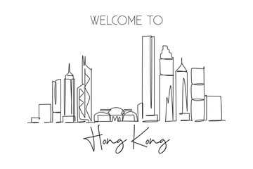 Wall Mural - One single line drawing of Hong Kong city skyline, China. Historical town landscape home wall decor art poster print. Best holiday destination. Trendy continuous line draw design vector illustration