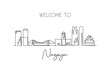 One single line drawing of Nagoya city skyline, Japan. Historical town landscape in the world. Best holiday destination poster. Editable stroke trendy continuous line draw design vector illustration