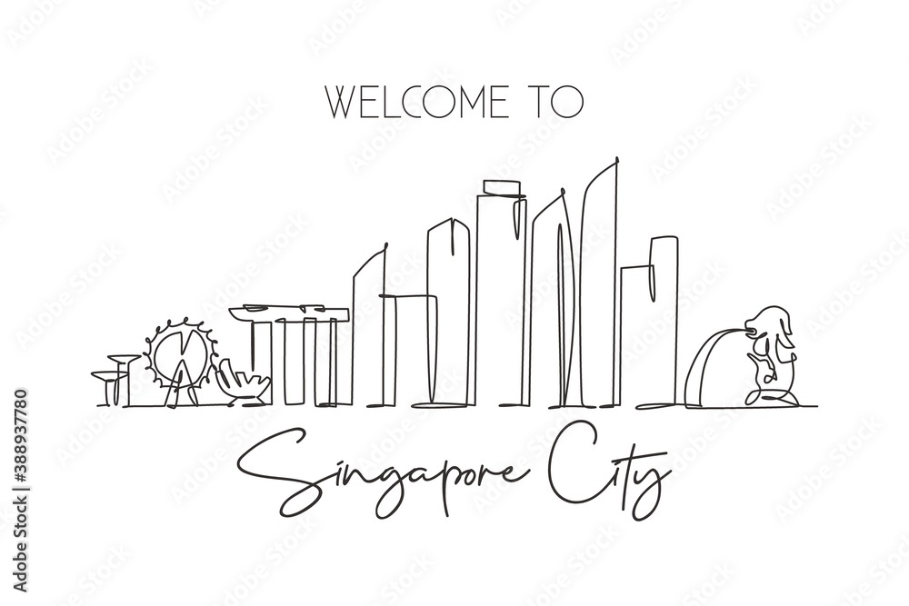 Single continuous line drawing of Singapore city skyline. Famous city scraper and landscape. World travel concept home decor wall print poster art. Modern one line draw design vector illustration - obrazy, fototapety, plakaty 