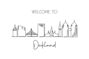 One continuous line drawing of Oakland city skyline, California. Beautiful landmark. World landscape tourism travel vacation poster. Editable stylish stroke single line draw design vector illustration