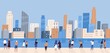 Crowd of people with children at waterfront looking at modern city panorama. Women and men admiring cityscape. Megapolis panoramic view. Flat vector cartoon colorful illustration