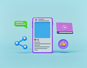 Poster - social media Icons with a smartphone. trendy design, technology concept. 3d rendering