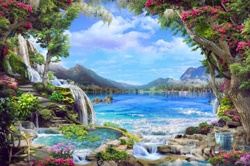 Beautiful garden with pink and white flowers, petals,waterfall, with access to the lake. Digital collage, mural and mural. Wallpaper. Poster design. Modular panel. 