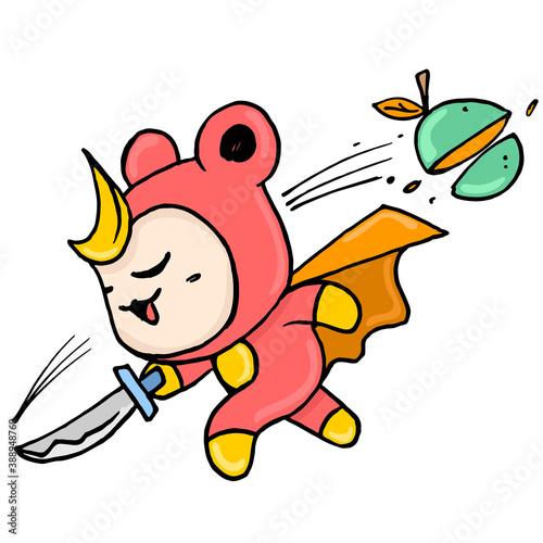 Cuadros en Lienzo cute creatures act as ninjas cutting fruit