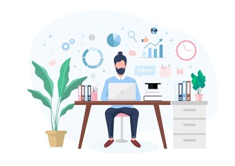 Man working on laptop at home or home office vector Flat illustration concept design, Freelance or blogger Working From home and Study at home concept.