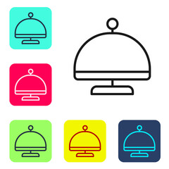 Sticker - Black line Covered with a tray of food icon isolated on white background. Tray and lid sign. Restaurant cloche with lid. Set icons in color square buttons. Vector.