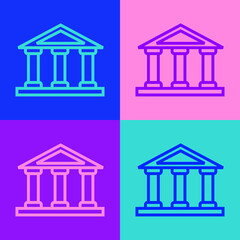 Sticker - Pop art line Courthouse building icon isolated on color background. Building bank or museum. Vector.