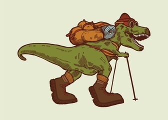 Wall Mural - Hiking dino. T-rex dinosaur traveler with a back pack, trekking poles and hiking boots. Isolated vector illustration.