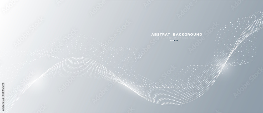 Grey white abstract background with flowing particles. Digital future ...