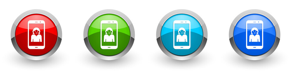 Poster - Online customer service in smartphone, silver metallic glossy icons, set of modern design buttons for web, internet and mobile applications in four colors options isolated on white background