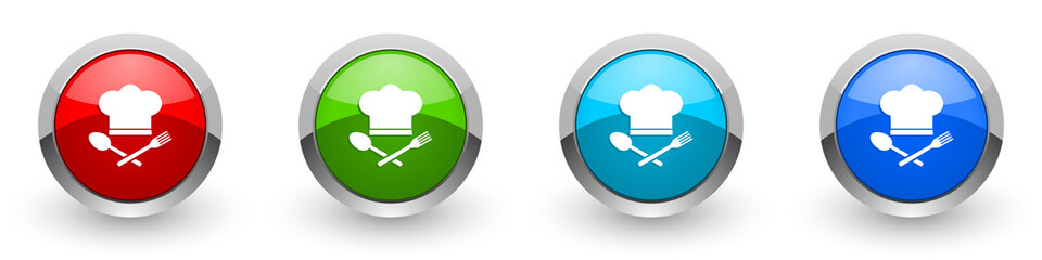 Poster - Chef hat, restaurant menu concept silver metallic glossy icons, set of modern design buttons for web, internet and mobile applications in four colors options isolated on white background