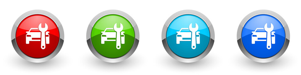 Poster - Auto service silver metallic glossy icons, set of modern design buttons for web, internet and mobile applications in four colors options isolated on white background