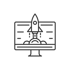Poster - Computer screen with rocket line icon. Vector black icon.