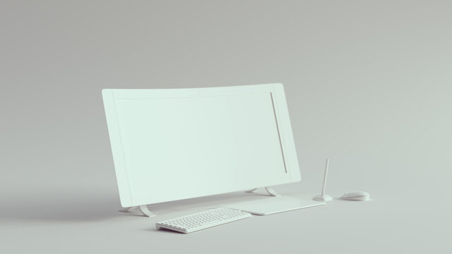 White Home Office Setup with Curved Wide Screen Monitor Keyboard and Digital Drawing Tablet an Pen 3d illustration 