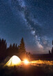 © anatoliy_gleb - Night summer camping in forest. Back view male tourist raising hands near bright campfire and illuminated tent, enjoying beautiful dark starry sky and Milky way. Concept of tourism, camping.