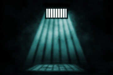 Wall Mural - freedom concept : prison inside interior with sunlight lighting through window in dark room.