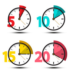 Wall Mural - Clock Icons Set Isolated - 5, 10, 15 and 20 Minutes Symbols Vector Cartoon