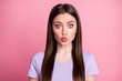 Closeup photo of attractive charming cute appearance lady long straight hairdo sending air kisses boyfriend lovely wear casual purple violet t-shirt isolated pink pastel color background
