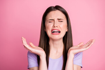 Sticker - I deserve better. Closeup photo of displeased crying lady offended boyfriend rude words raise arms desperate call dad take her home wear purple t-shirt isolated pastel pink color background