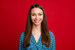 © deagreez - Close-up portrait of attractive cheerful content girl wear dotted blouse isolated over bright red color background