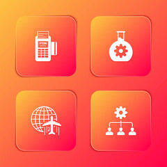 Poster - Set POS terminal, Bioengineering, Globe with flying plane and Lead management icon. Vector.