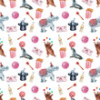 Watercolor seamless pattern with circus animals and holiday paraphernalia, balloons, banners, magic wands, cotton candy and popcorn
