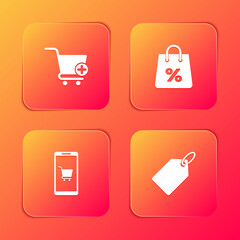 Set Add to Shopping cart, bag with percent, Mobile and shopping and Label template price tag icon. Vector.