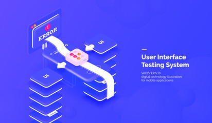 Fototapete - User interface testing. Mobile phone with a system for testing UI and monitoring application data. Mobile Application Errors. Vector illustration isometric style.