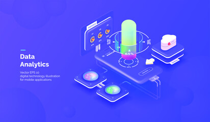 Fototapete - Smart technology. Integration systems. Mobile phone with a service for monitoring application parameters and obtaining statistical data. Vector illustration isometric style.