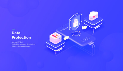 Fototapete - Data protection web service. Data protection service for a mobile application. Protection of data transfer from a mobile application to a cloud server. Vector illustration isometric style.