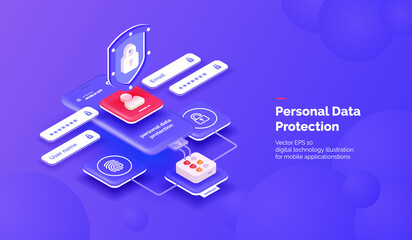 Fototapete - Personal data protection system. A mobile phone with a security interface. Protection of personal data of mobile applications. Vector illustration isometric style.