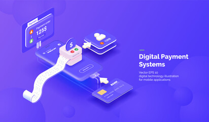 Poster - Digital payment system. Payment mobile app with various money transfer tools. Phone with a mobile interface of the payment system, money transfers and financial transactions. Isometric illustration