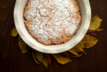 Delicious gluten-free carrot pumpkin pie. Autumn decor.