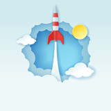 Fototapeta Zachód słońca - Paper art style of rocket flying to the sky through the clouds, Start up business concept