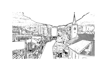 Building view with landmark of Cape Town is the second most populous city in South Africa. Hand drawn sketch illustration in vector.