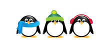 Penguins Isolated On A White Background. Cute Christmas Characters Wearing Hats, Scarves And Earmuffs. EPS10 Vector Format. 