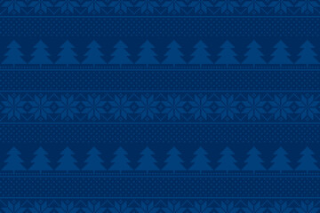 Wall Mural - Winter Holiday Pixel Pattern with Christmas Trees and Snowflakes Ornament. Vector Seamless Holiday Design Background in Shades of Blue Color.